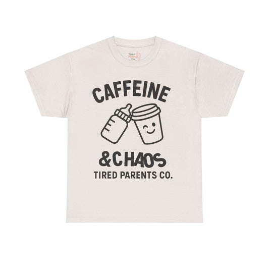 Caffeine & Chaos – Funny Parenting Shirt with Coffee Cup & Baby Bottle